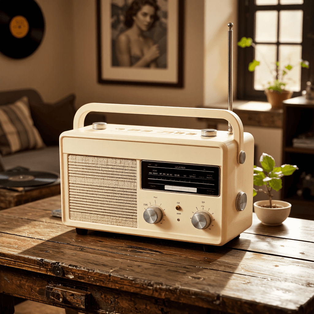 product photography of a vintage radio with a foldable design and knobs for tuning