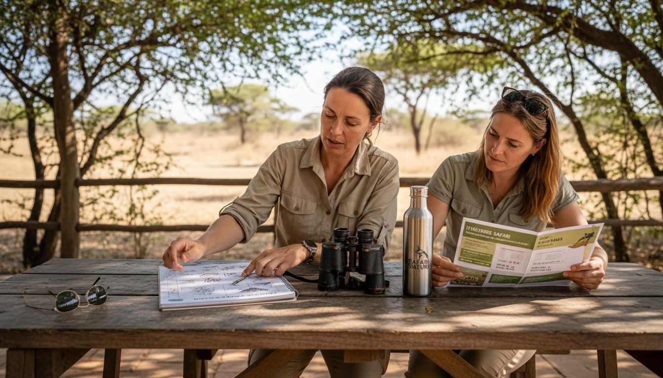 Un guide de safari échange avec ses clients en pleine nature pour préparer leur aventure.