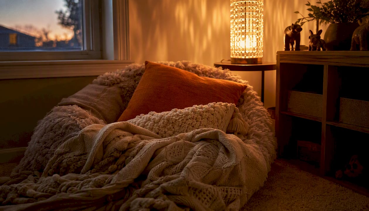 Rincón sensorial con objetos para tocar y una iluminación suave que invita a la relajación.