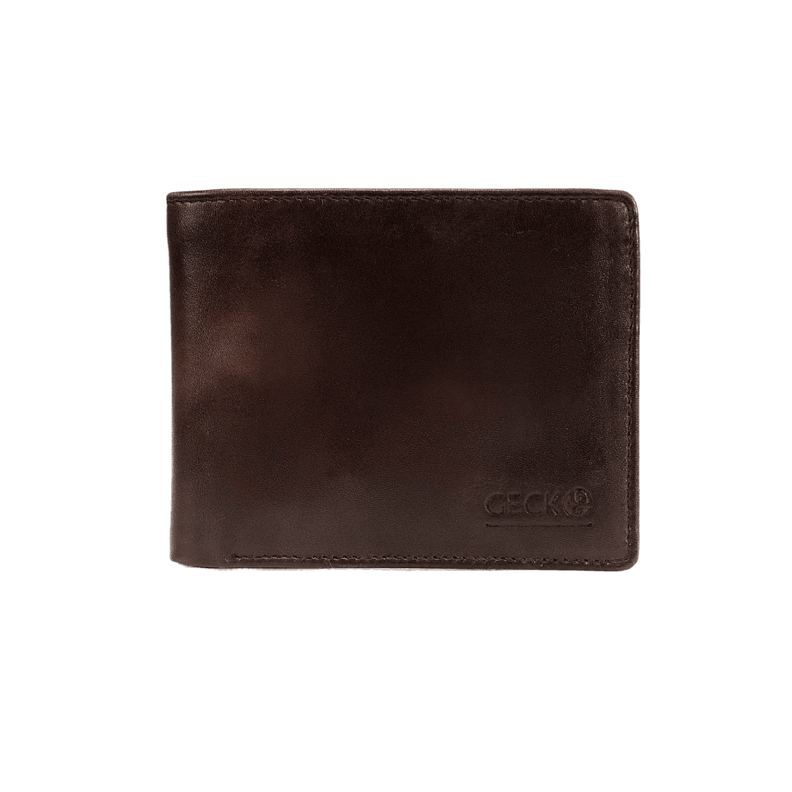 Brown leather wallet with a visible brand logo on a white background