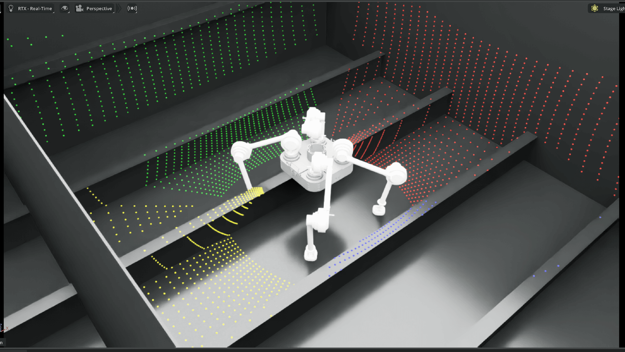 NVIDIA Isaac Sim 위의 가상 환경에서 로봇이 point cloud 데이터를 수집하는 장면