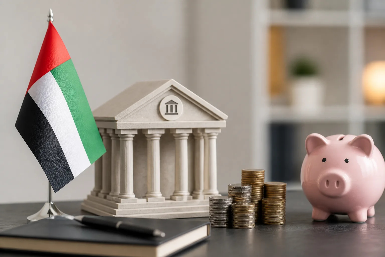 Minimum Balance for a UAE Business Bank Account beside a corporate bank card, payment terminal