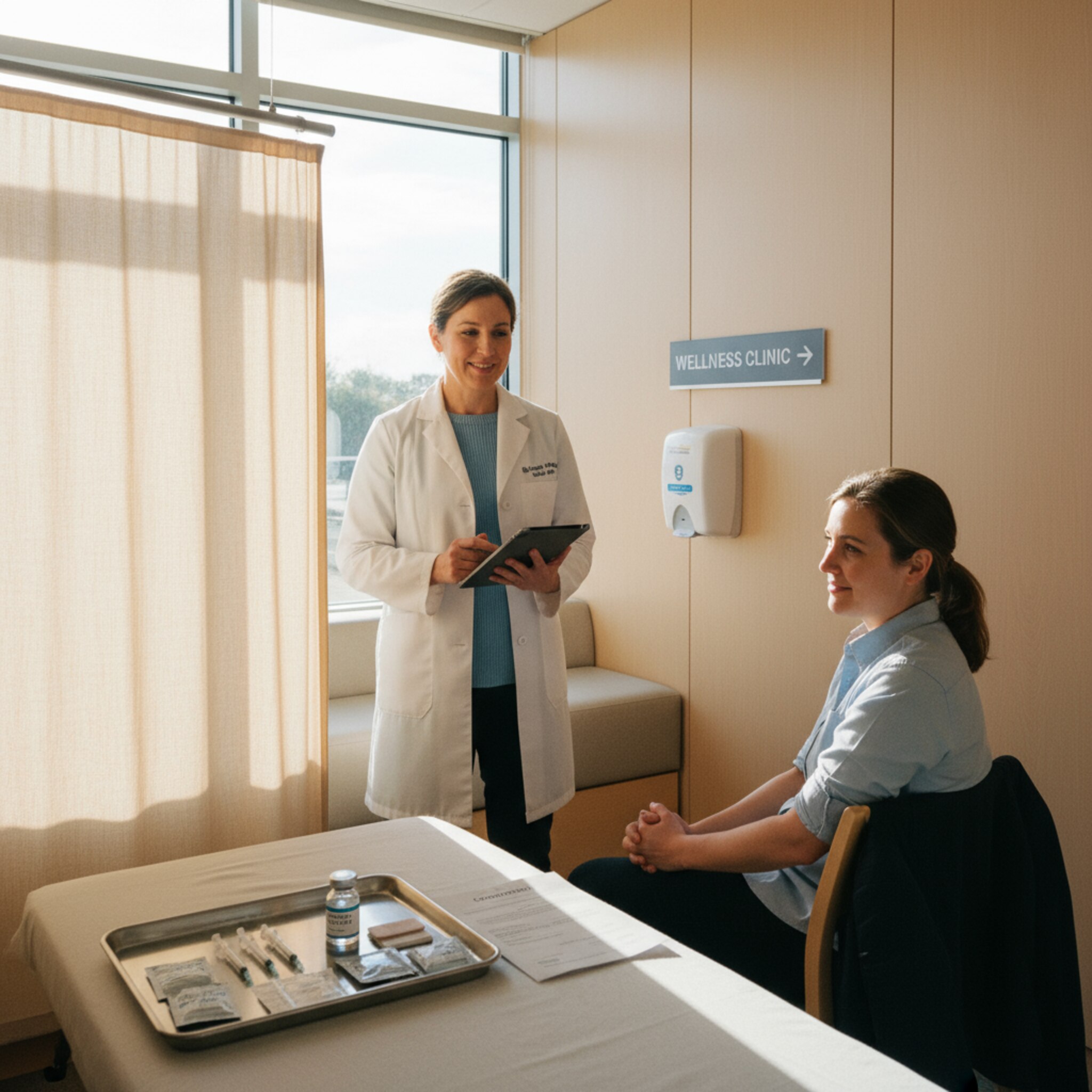 Ein kleiner Behandlungsbereich mit Paravent. Auf einem silbernen Tablett liegen vorbereitete Spritzen, sterile Tupfer und Pflaster. Eine Ärztin spricht in ruhigem Ton mit einer Person, die die Jacke abgelegt hat. Das Licht ist warm, die Atmosphäre sachlich und vertrauensvoll.