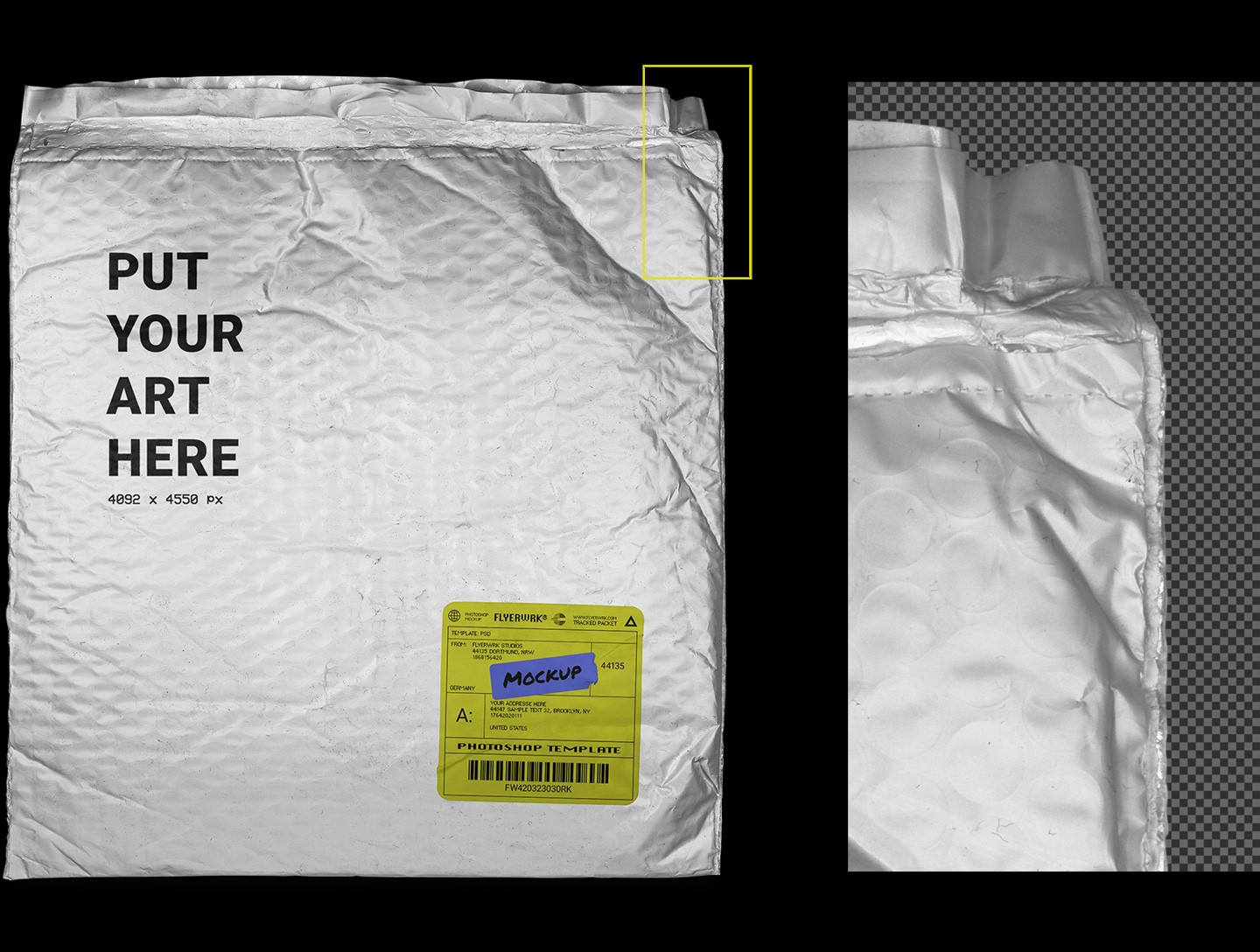 Macro close up of the Crinkled Bubble Mailer Mockup highlighting the realistic bubble wrap texture and high resolution edges