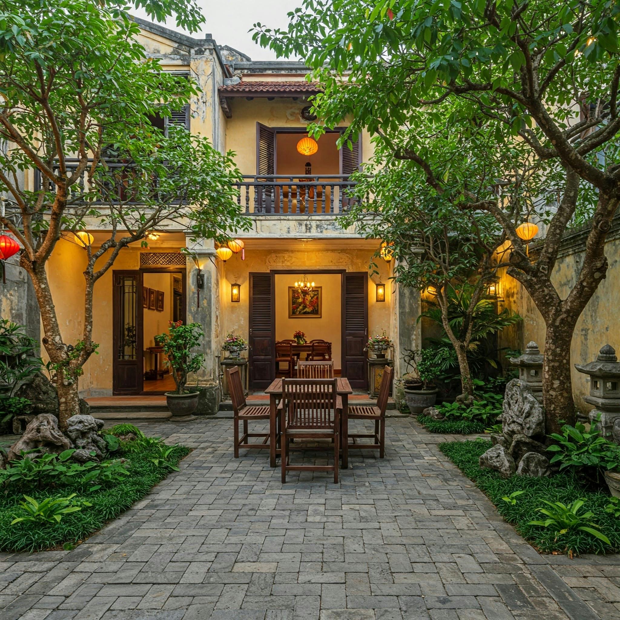 Serene courtyard with lush trees and red lanterns, surrounded by a rustic two-story yellow house. A wooden dining set is placed at the center.