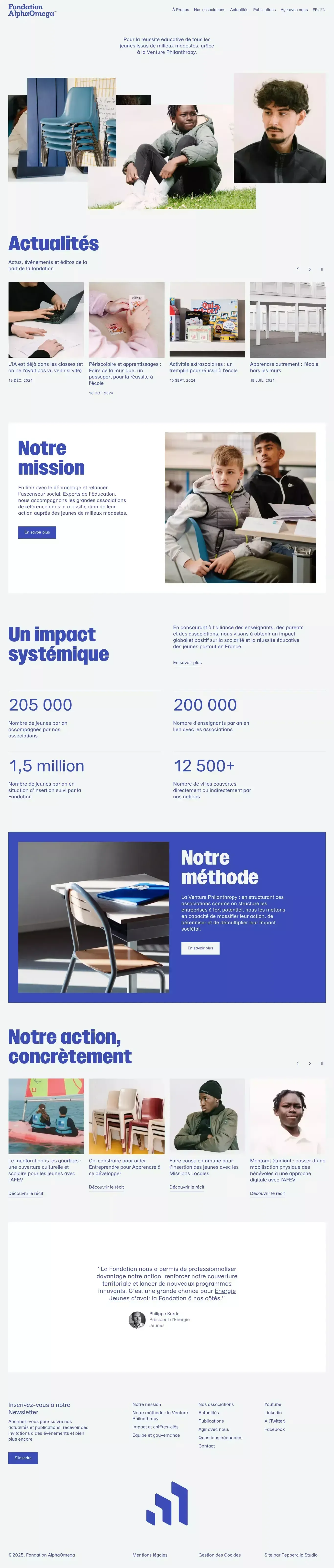 Fondation AlphaOmega – Pour la réussite landing page screenshot showcasing Education design