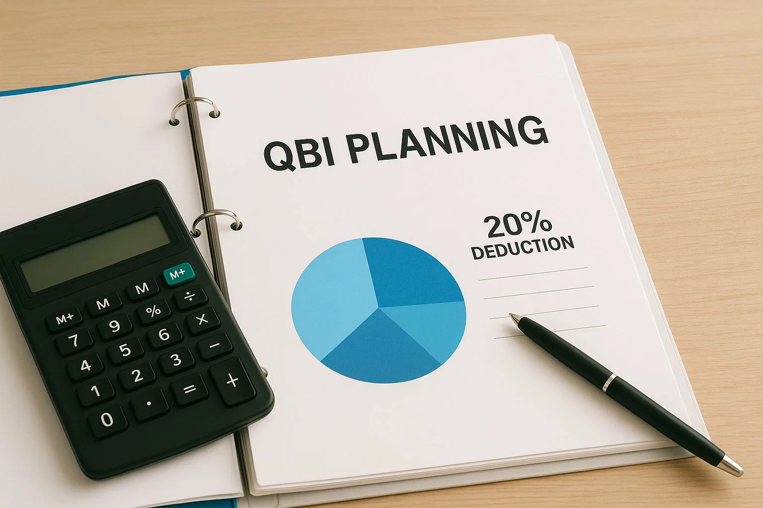 Workspace with an open binder labeled “QBI Planning,” a calculator, and a pie chart highlighting a 20% deduction segment.