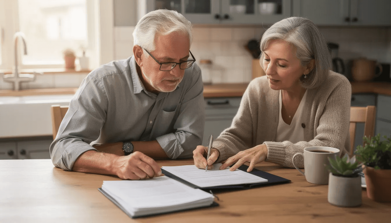 An elderly couple sits together at a kitchen table, reviewing various insurance documents, including details about their long term care insurance policy. They appear focused as they discuss important aspects such as benefit options, premiums paid, and the potential costs of long term care services.