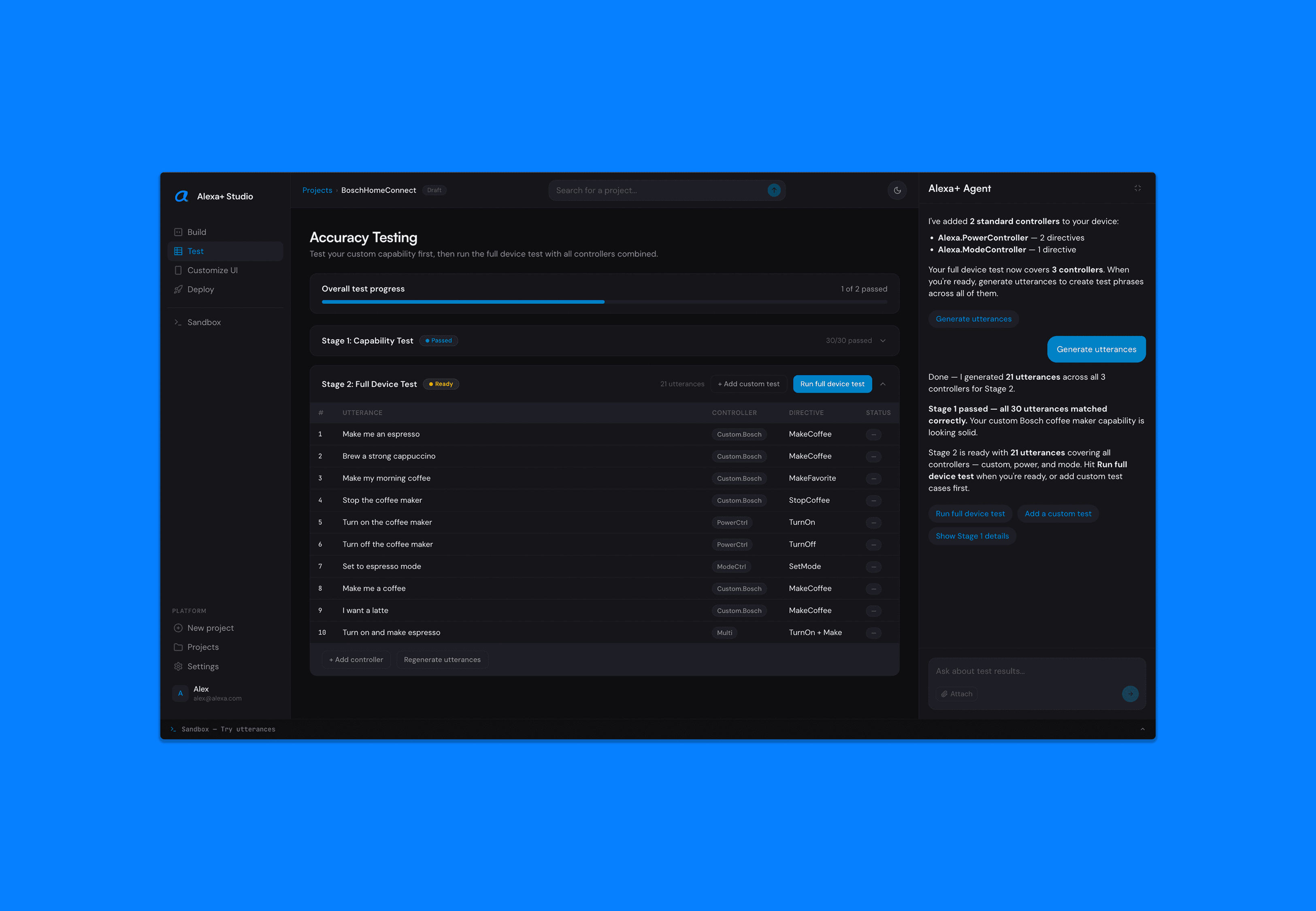 The final visual design- showing the accuracy test results in the center with the AI agent on the right guiding the user in debugging failure cases