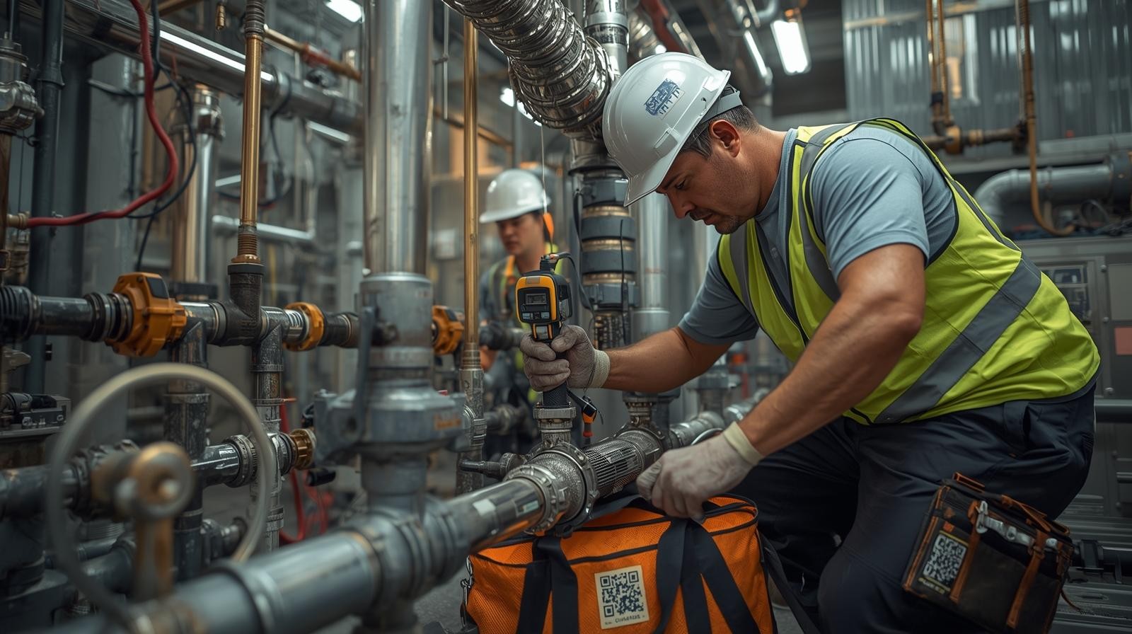 Plumber repairing pipes with digitally tracked tools for accountability.