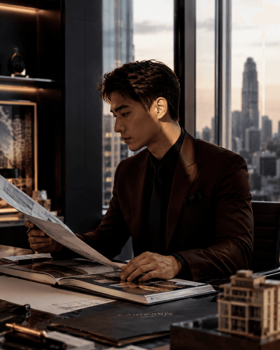 Luxury real estate agent in a burgundy suit reviewing property documents at a sleek modern desk, with architectural plans, a building model, and city skyline views in the background.