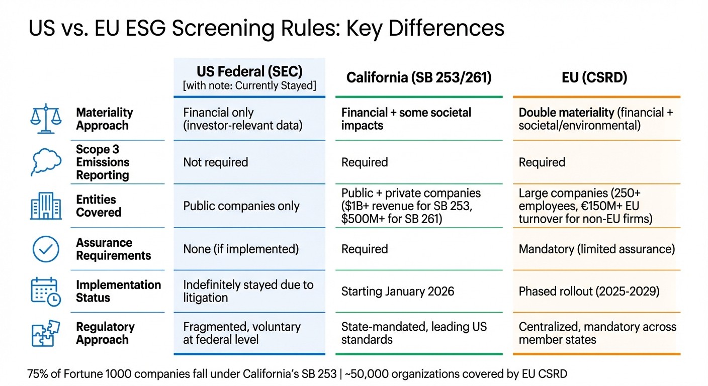 US vs EU ESG Screening Rules Comparison Chart