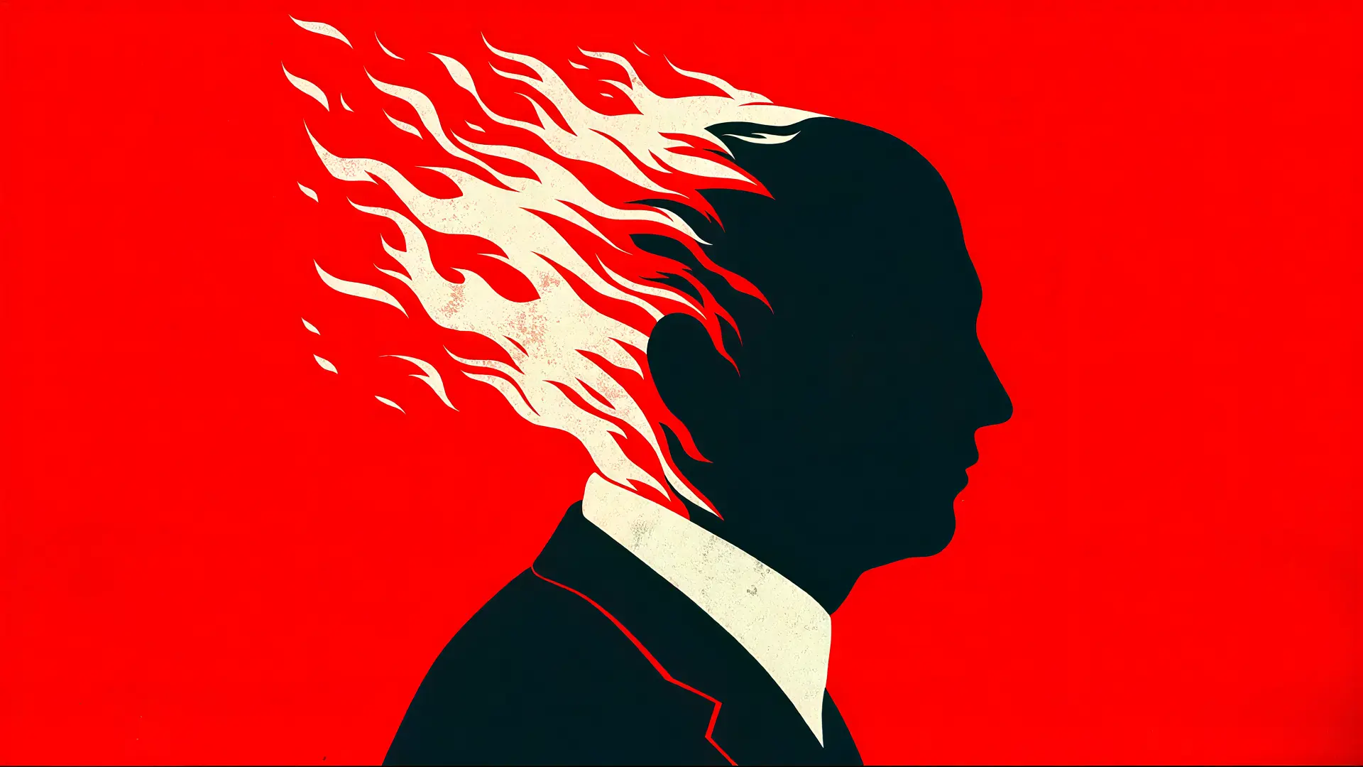 Dark silhouette of a suited figure with flames streaming from head against a bold red background