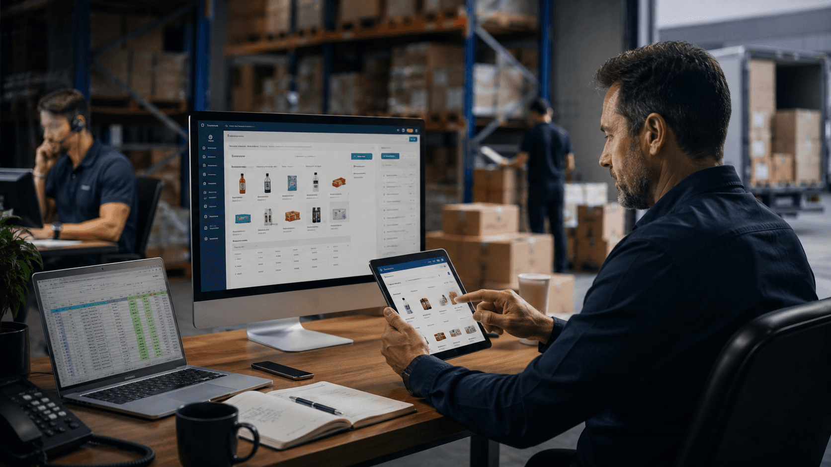 Profissional em escritório integrado a um estoque, usando tablet e computador com plataforma digital de pedidos, enquanto a operação da distribuidora continua funcionando ao fundo com atendimento por telefone e movimentação de caixas.