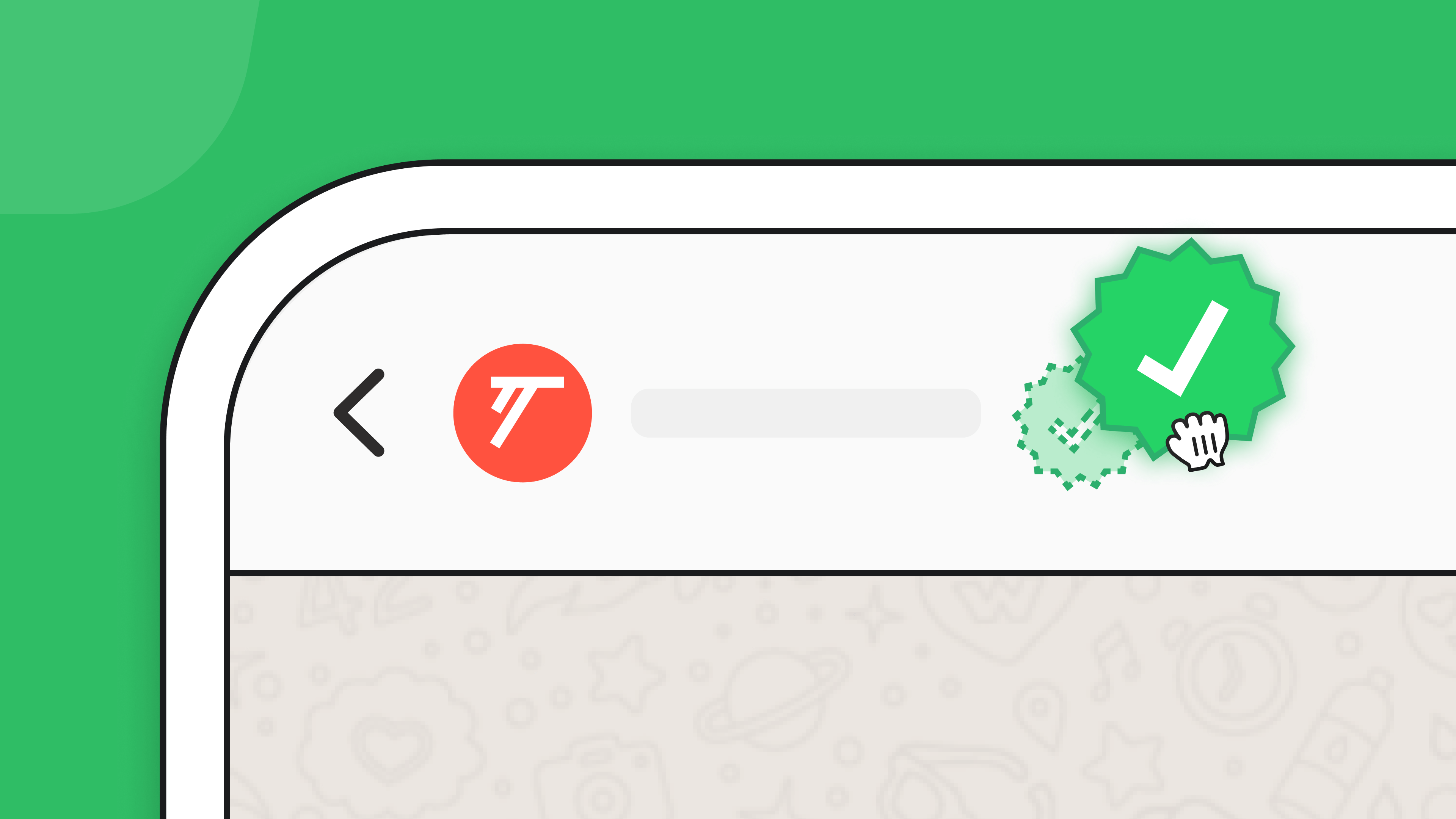 WhatsApp interface showing verification process with a green tick badge and back button, illustrated in a minimalist style