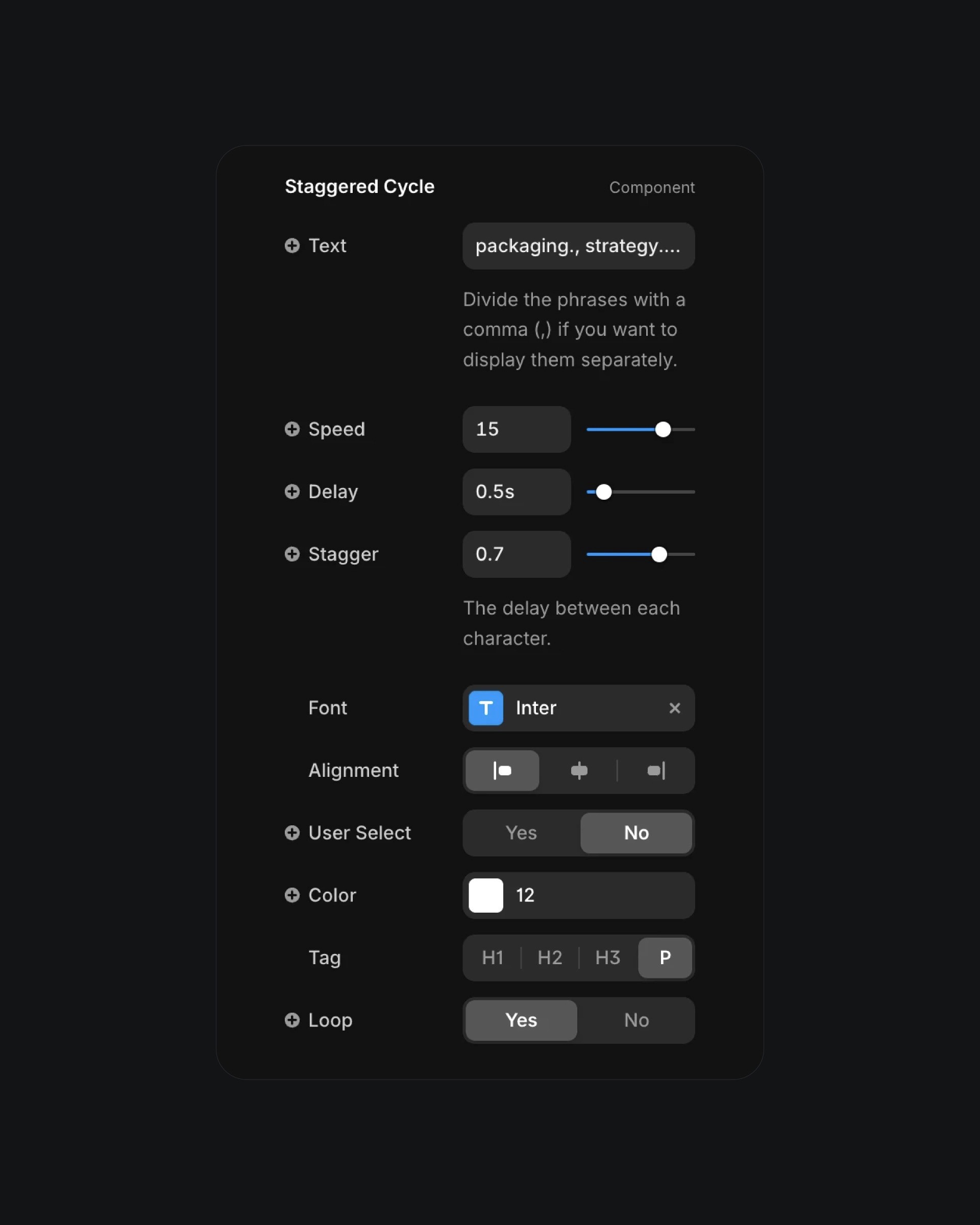 Customizable staggered cycle component interface with text, speed, delay, and font settings