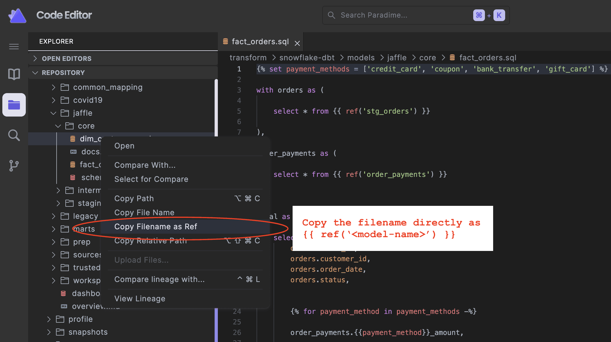 Copy filename as ref | Paradime | Analytics Engineering using dbt™