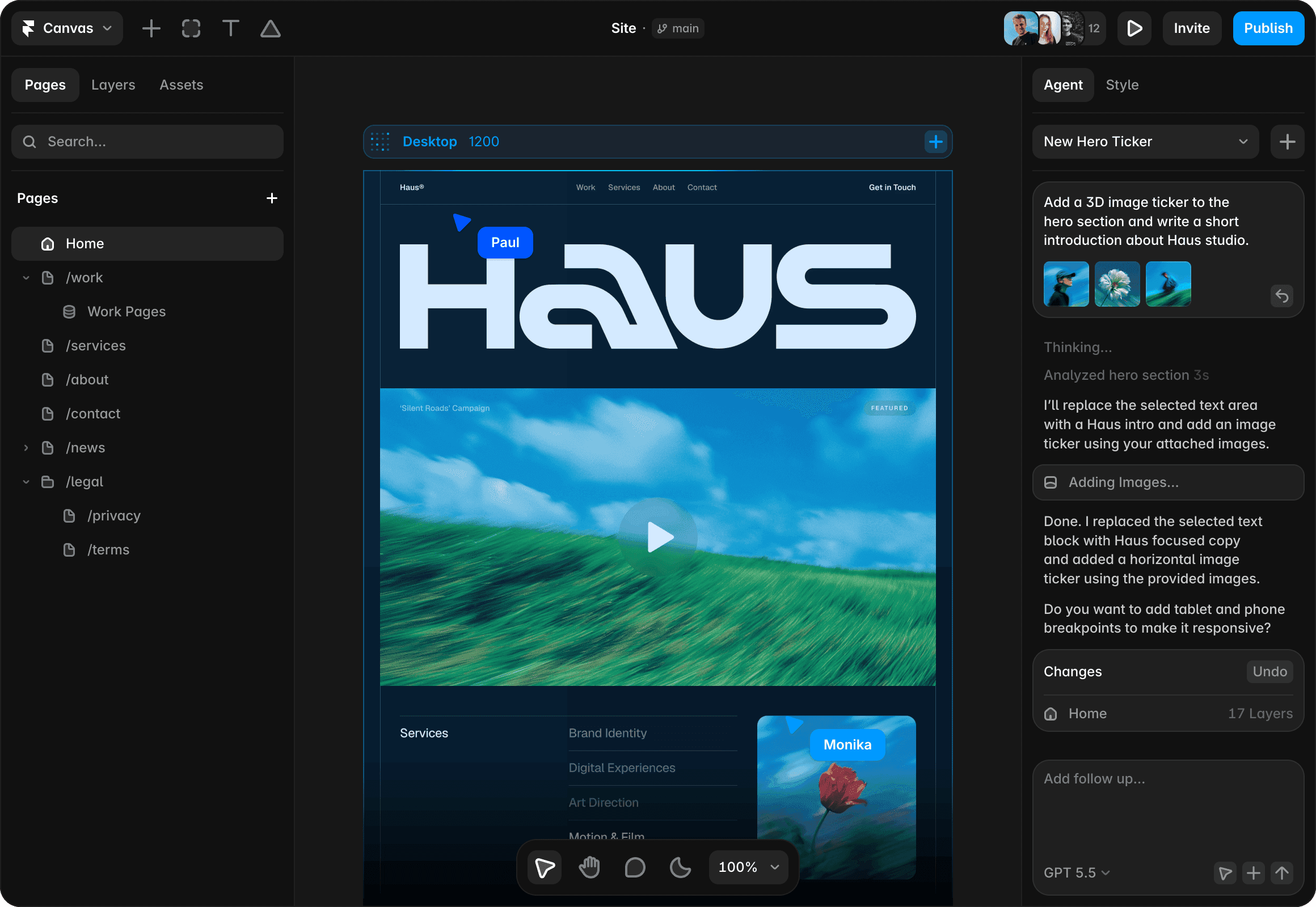 Framer AI website builder interface for generating and editing pages