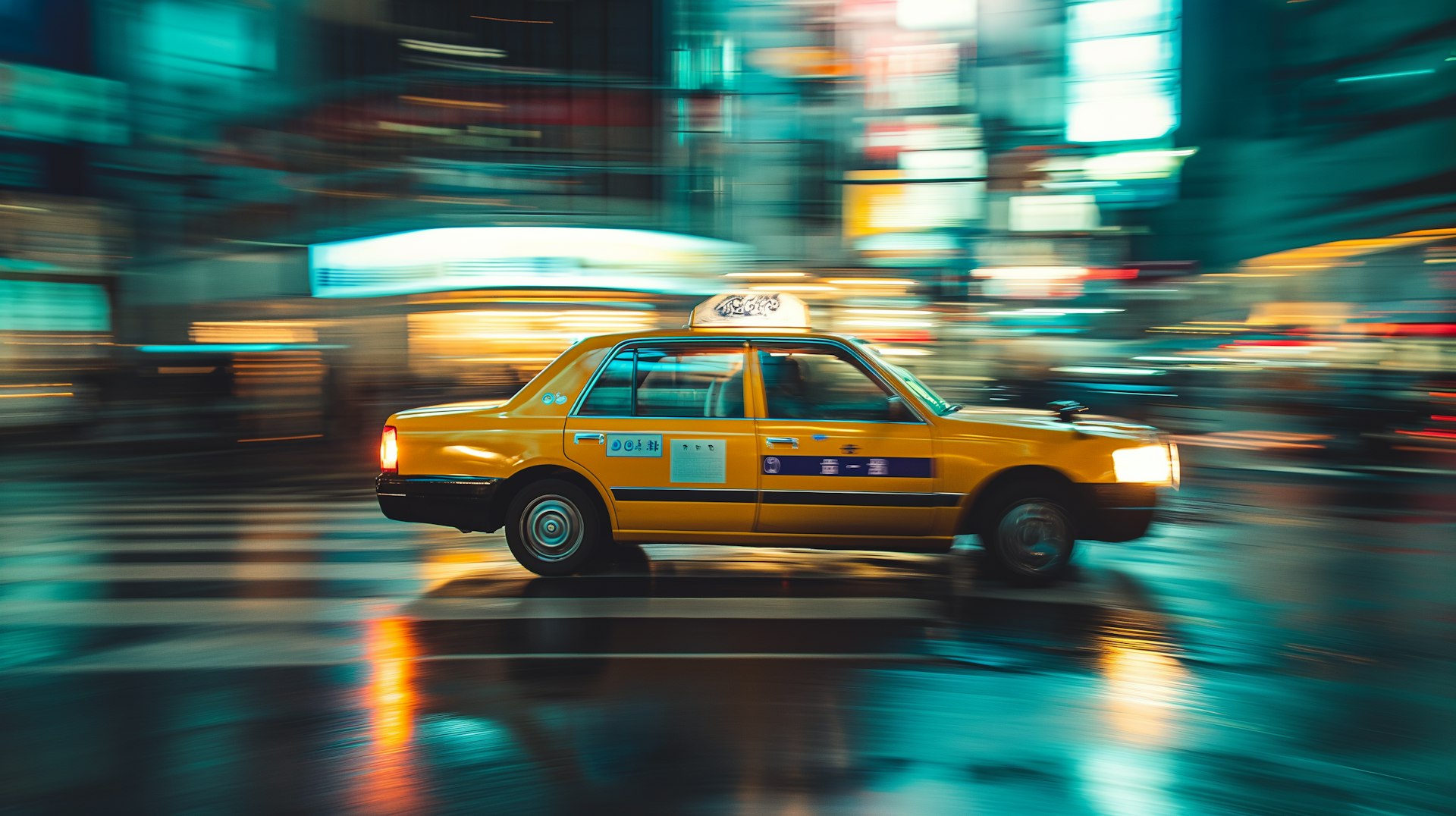 This dynamic image captures the motion of a vibrant yellow taxi as it moves swiftly through what seems to be an urban street at night.