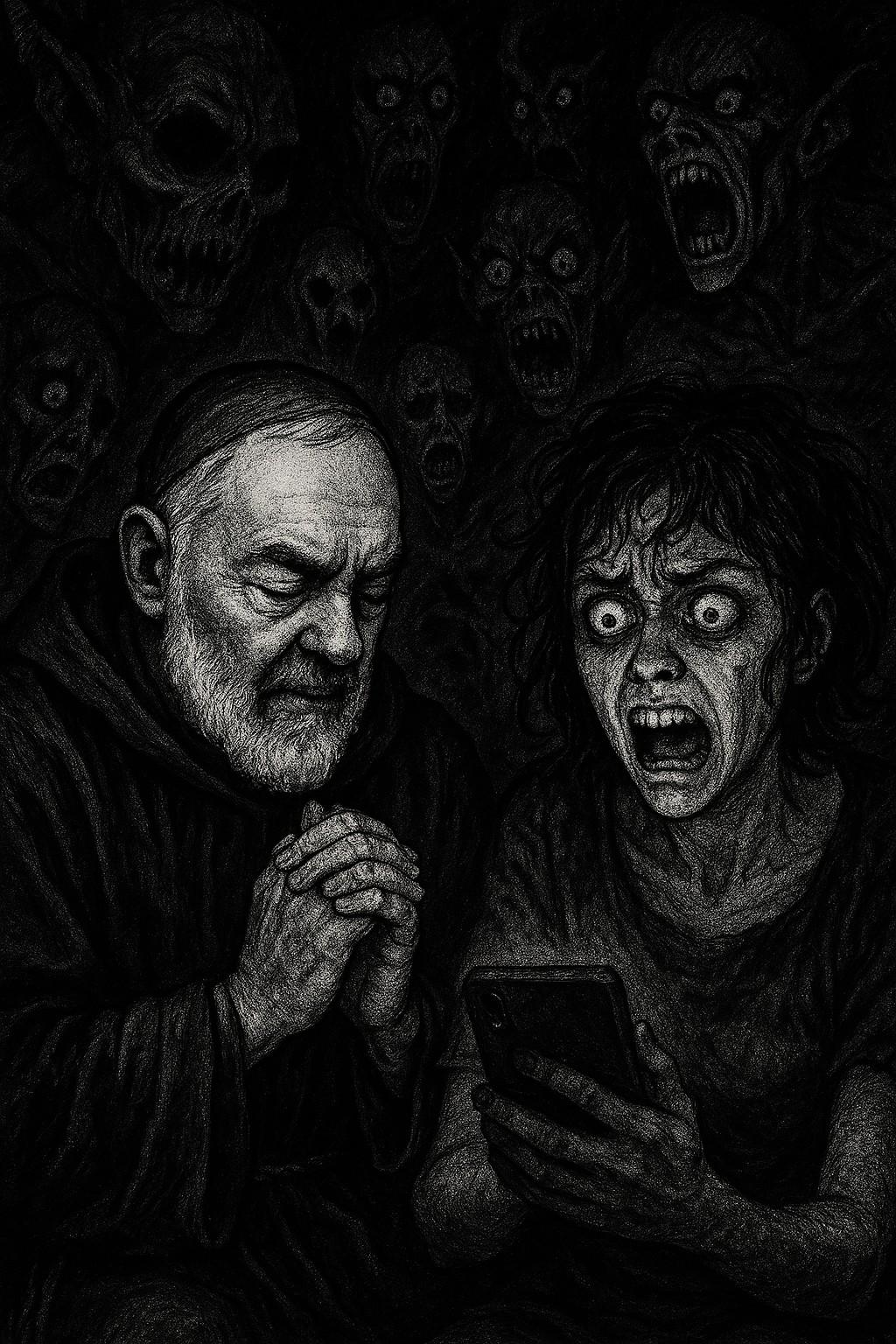 Saint Padre Pio praying over a woman frantically responding to a text while the demons surrounding her look on