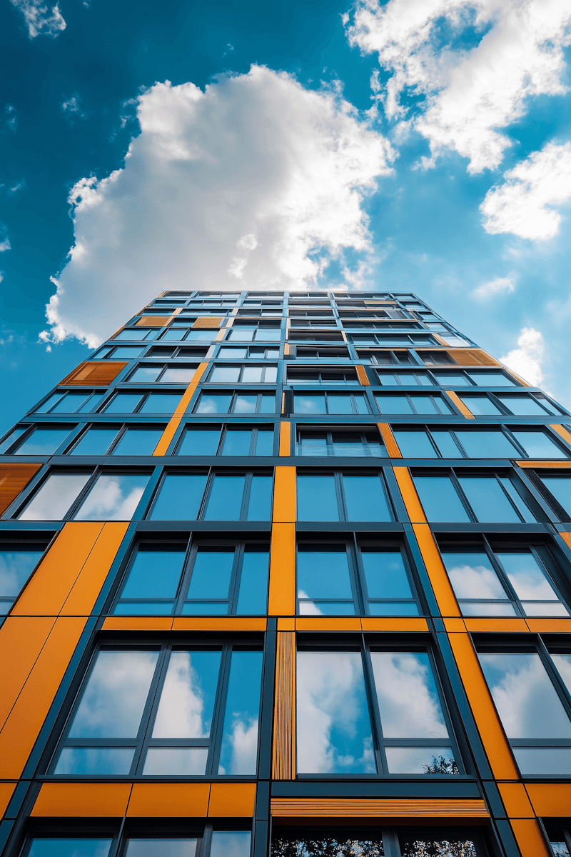 Low-angle view of a modern high-rise building with blue-tinted glass windows and orange vertical accents against a bright sky with clouds.