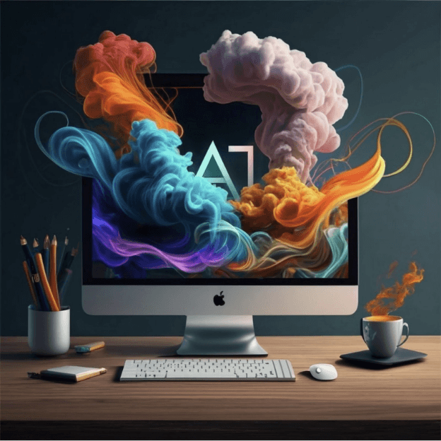 AI-powered creative design displayed on a desktop computer with colorful abstract visuals representing artificial intelligence and digital creativity.