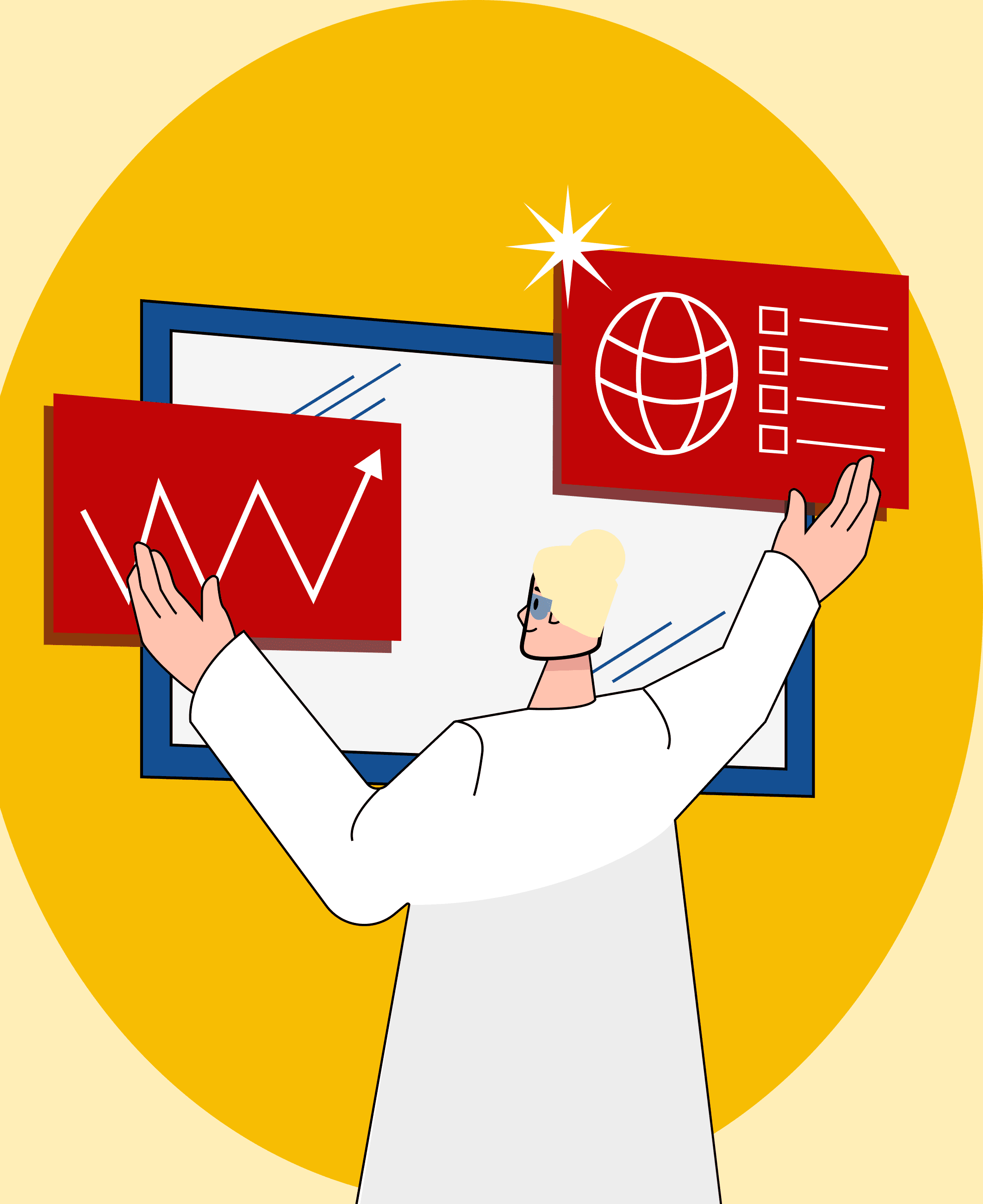 Illustration of a professional analyzing charts and global data, representing a strategic approach to enterprise B2B marketing.