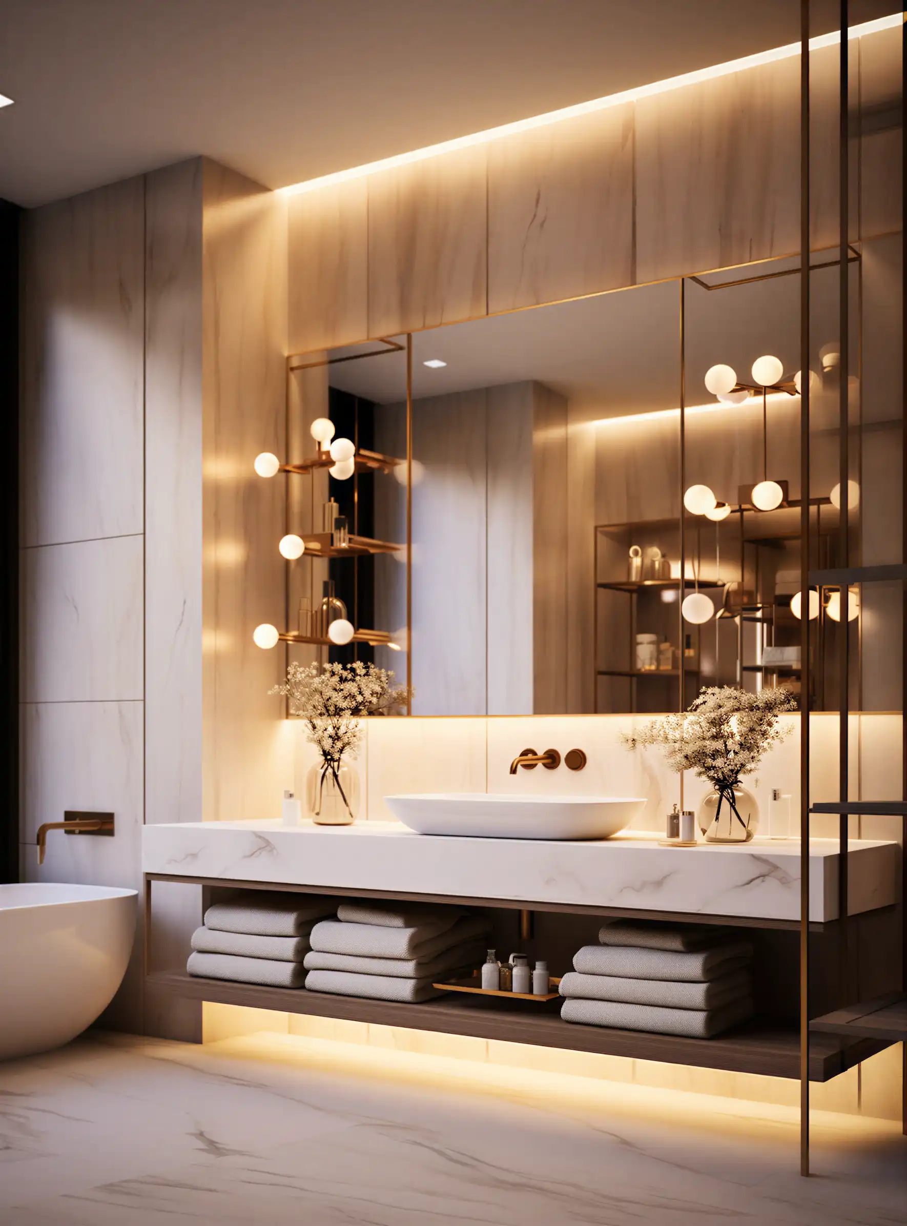 Modern washroom featuring tiled walls, vanity unit, and soft lighting