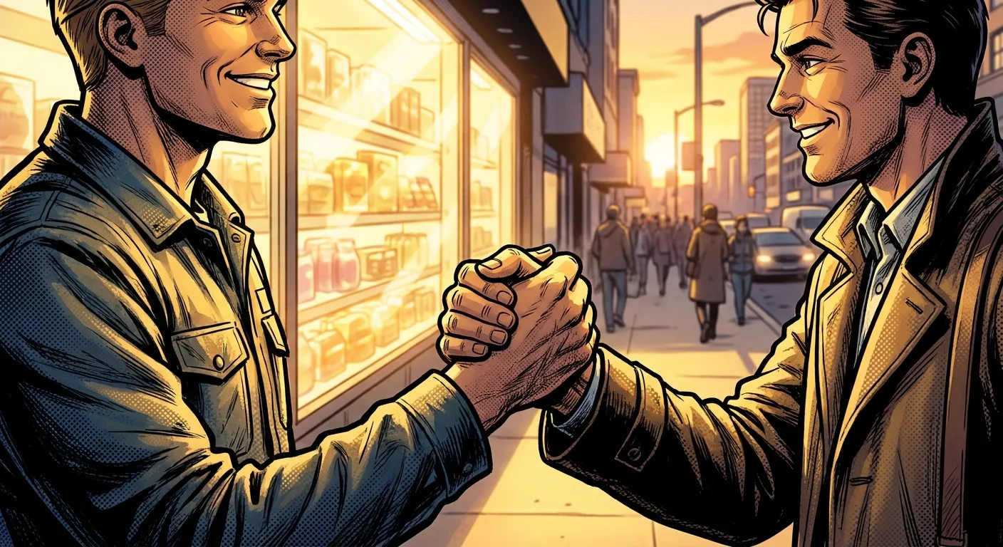 Two men shaking hands on a city street at sunset. RockN' Socials, Digital Marketing Agency.