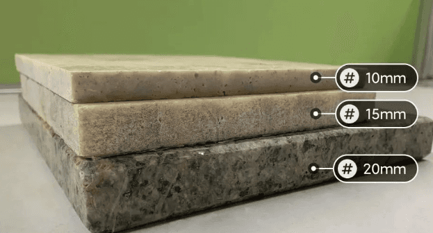 Three stacked stone slabs in different thicknesses, labeled as 10mm, 15mm, and 20mm, showcasing size variations.