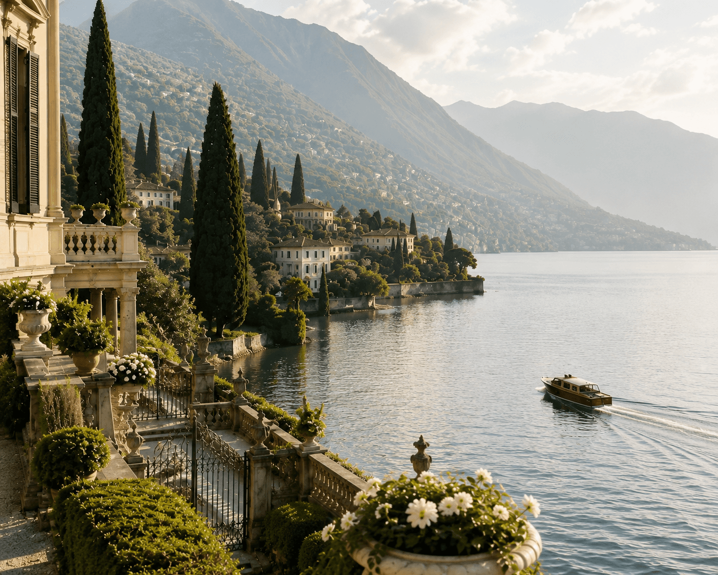 A scenic landscape view from an ornate stone terrace of a luxury Italian villa overlooking Lake Como. Tall cypress trees, manicured hedges, and white floral urns line the balustrade in the foreground, while a wooden water taxi glides across the calm water. In the background, majestic mountains rise behind hillside villas under soft sunlight.