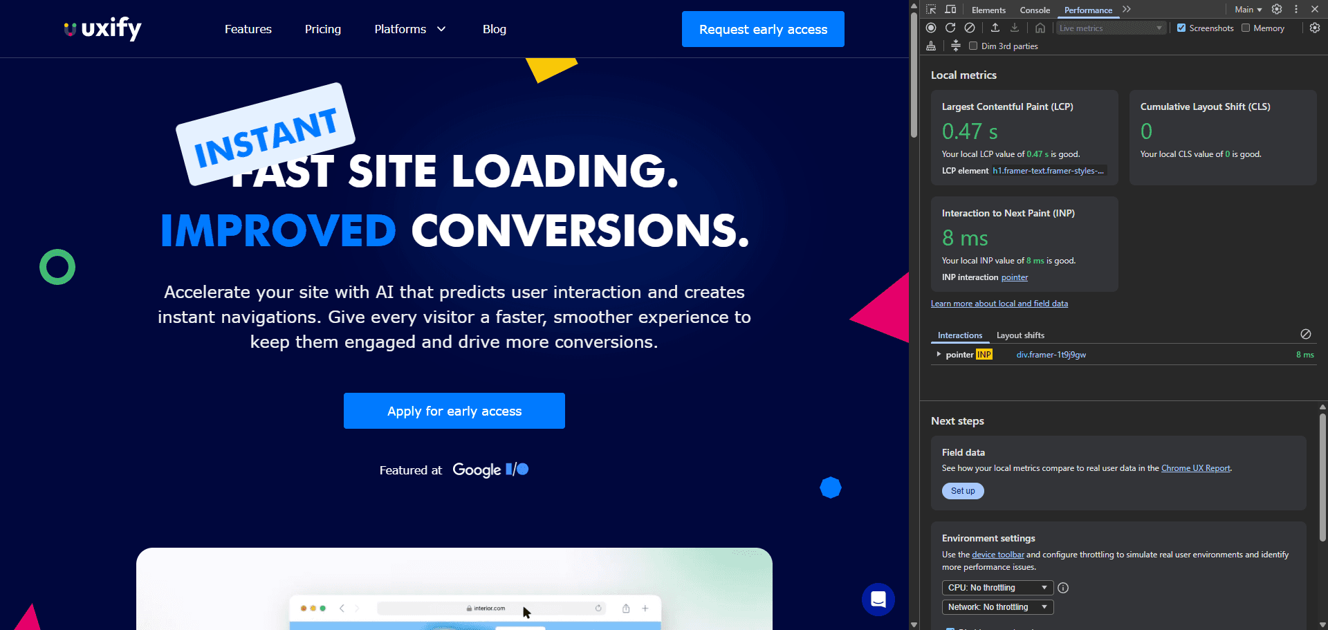 DevTools panel showing CWV metrics for current session with INP on 8ms