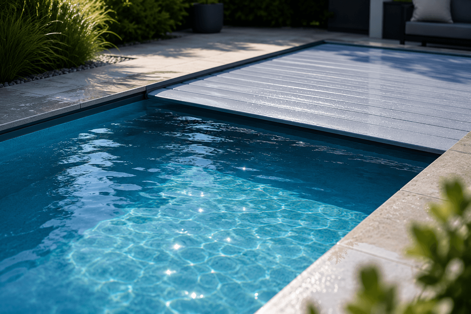 A luxury backyard in-ground pool surrounded by palm trees and landscaping