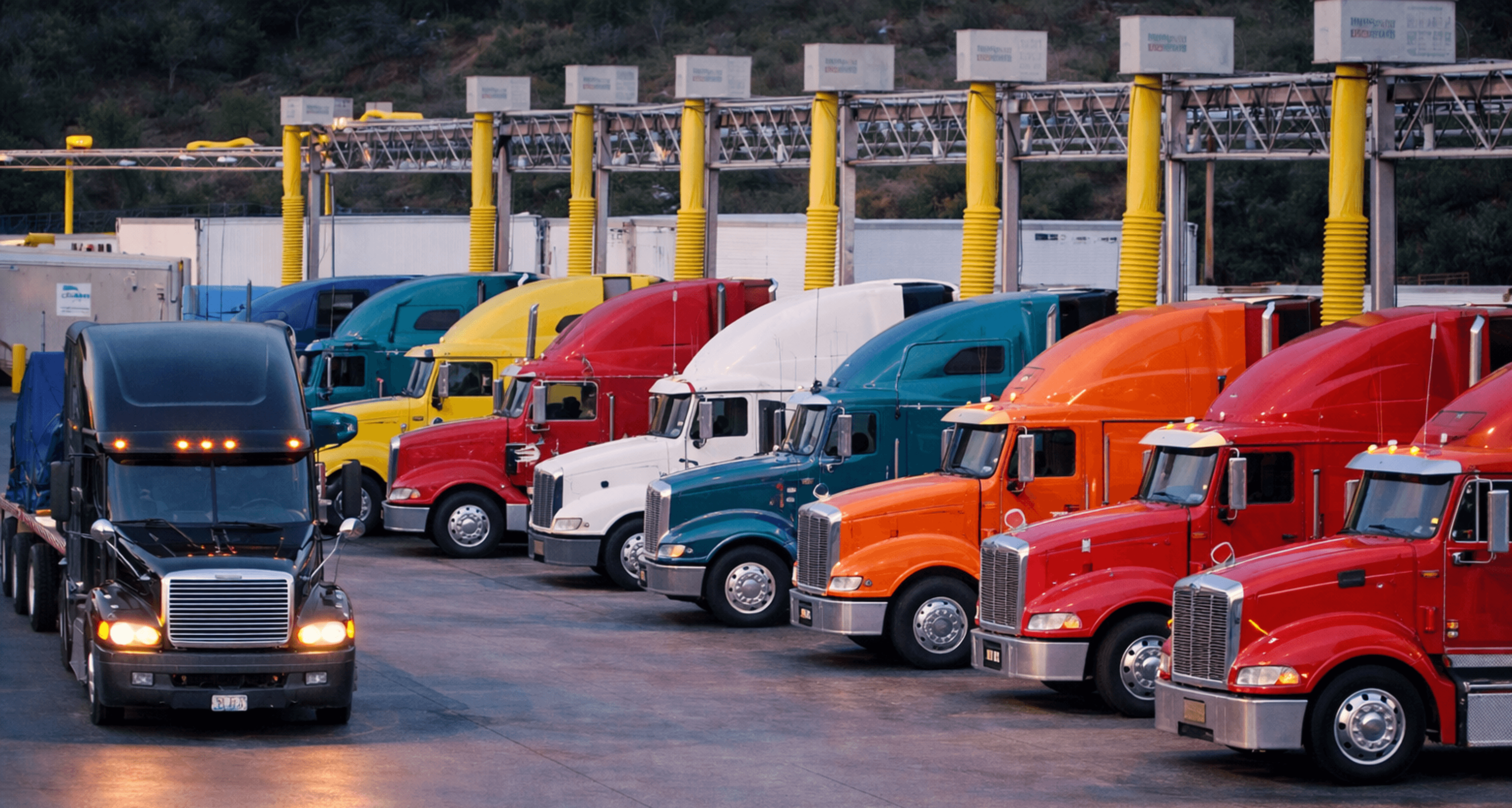 Image of several trucks parked at a truck stop with one truck driving away
