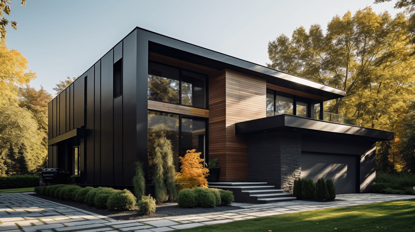 Sleek black and wood contemporary house with geometric volumes and landscaped front yard in autumn setting