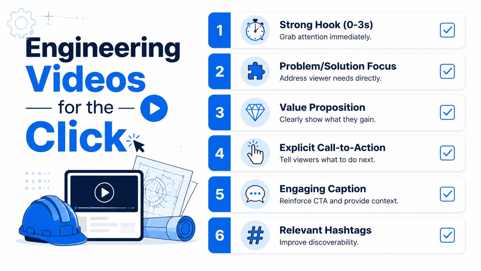 A checklist infographic illustrating six key steps for creating effective engineering videos to increase clicks.