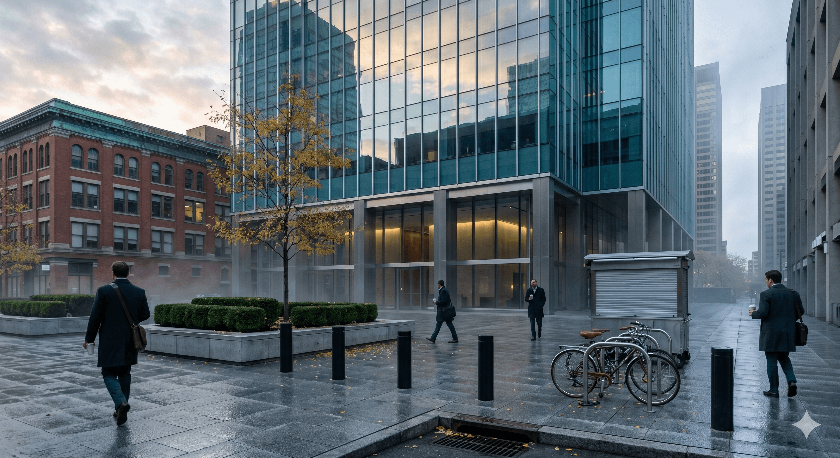A modern blue-green glass office tower at dawn seen from a misty granite plaza after rain, with anonymous professionals in overcoats crossing the plaza, a red-brick building and autumn honey-locust tree nearby