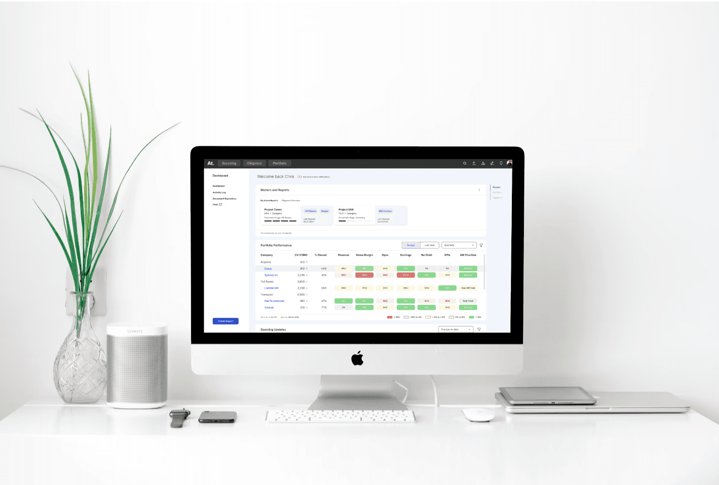 Desktop computer displaying Amazon's AI-powered pricing tool interface on a minimalist desk with a small plant and coffee mug