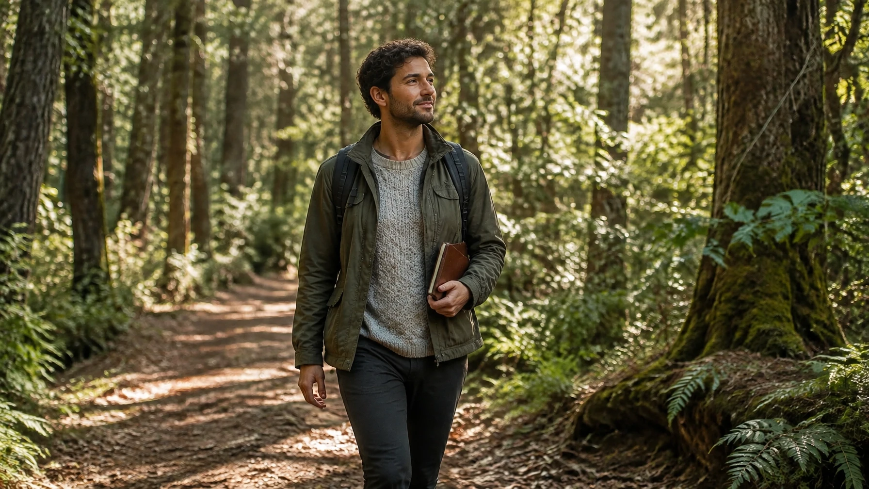 Relaxed adult walking steadily along a shaded forest trail with a journal