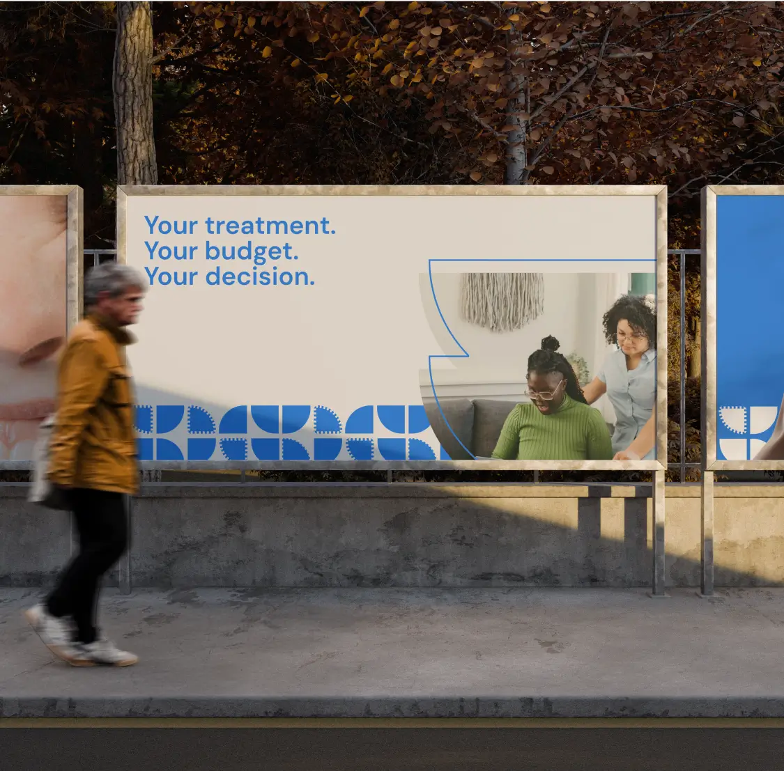 A street bilboard showing 2 different smiling people