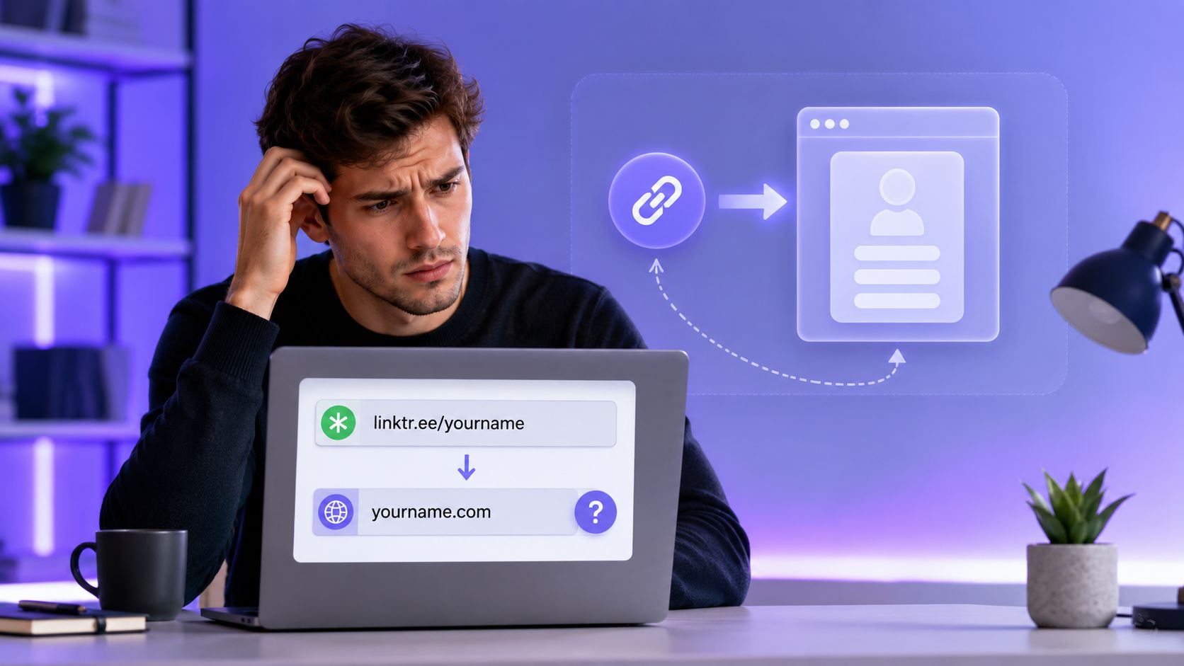 A confused young man looking at a laptop screen displaying a Linktree custom domain setup process.