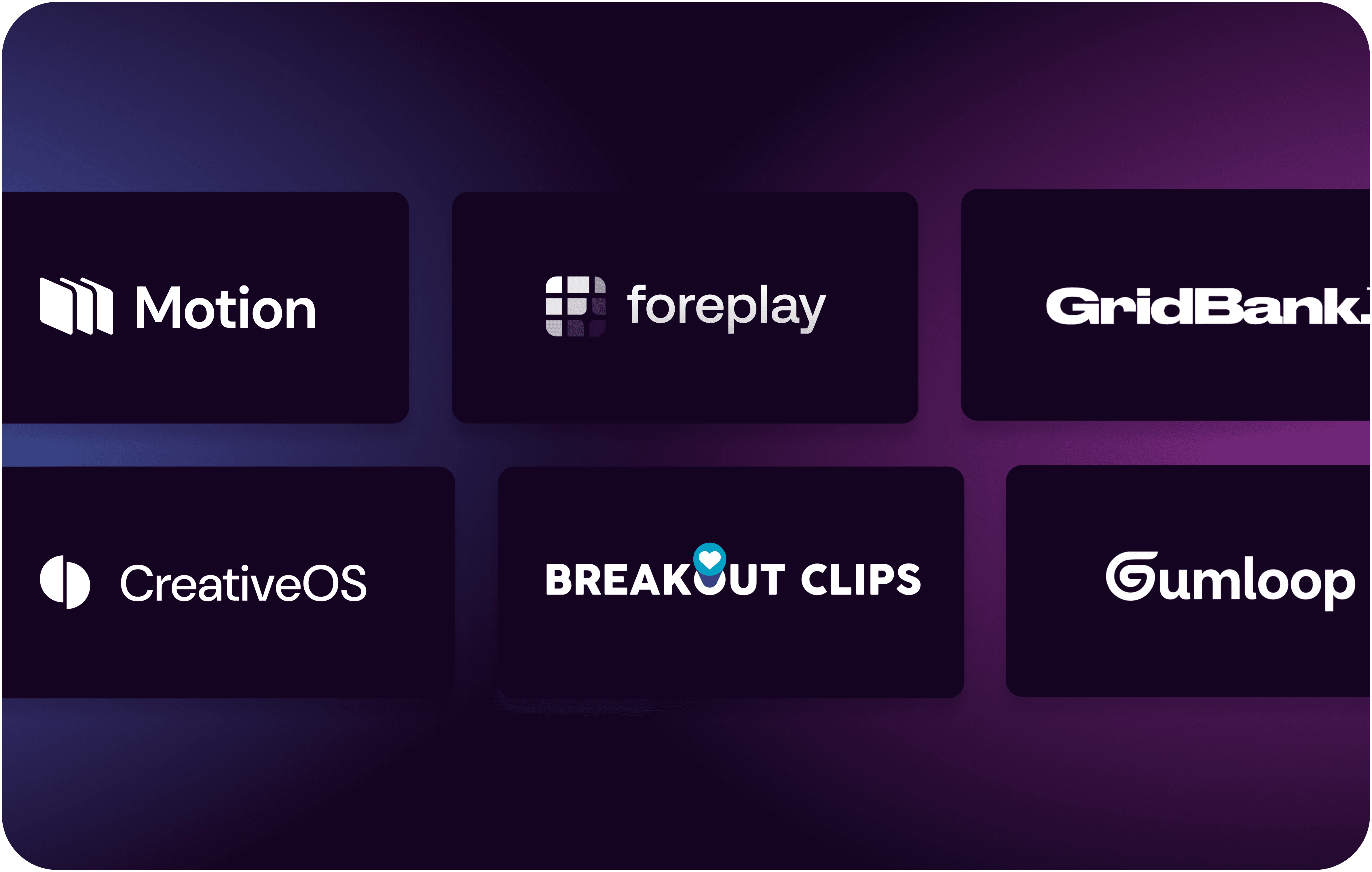 Ad Creative Academy partner tools showcasing Motion, Foreplay, GridBank, CreativeOS, and Breakout Clips marketing software