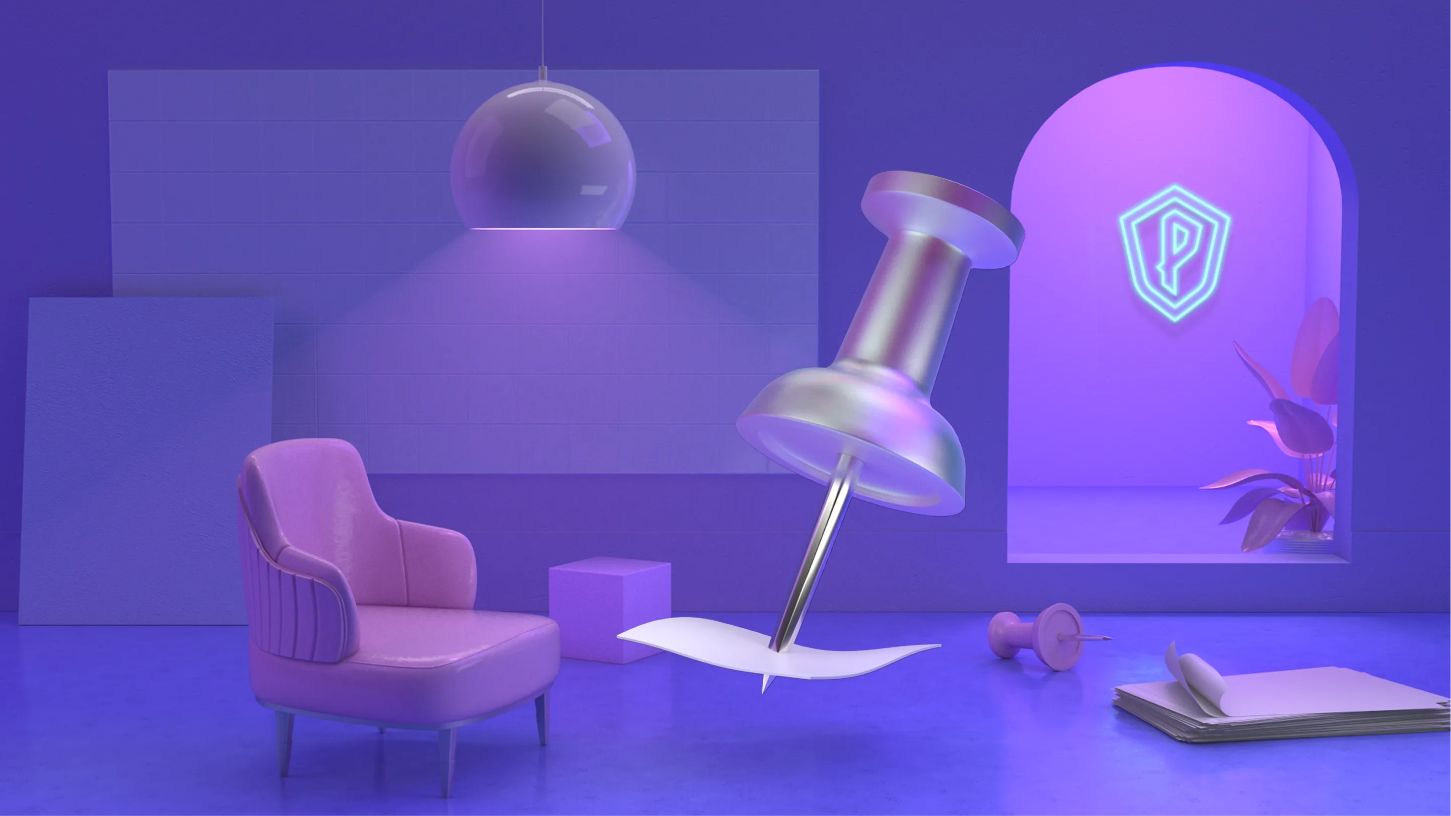 Powerplay 3D scene: a lilac lounge chair, pushpin and dumbbell in a violet-lit room