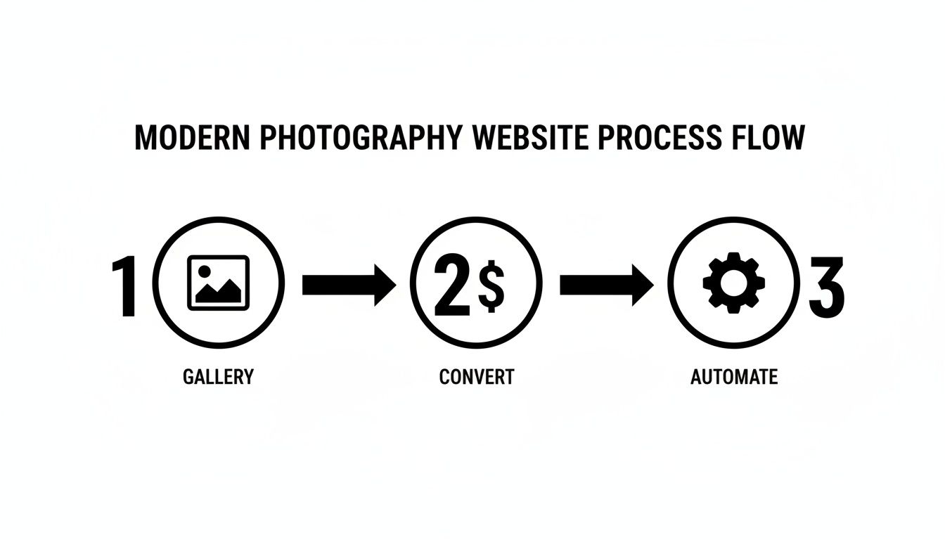A modern photography website process flow diagram with steps: gallery, convert, and automate.