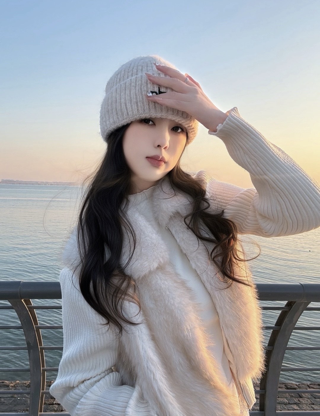 Portrait of Shuyi Liu (Lena) in a knitted beanie and cream jumper, standing by the sea at sunset.