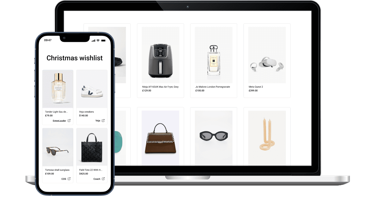 Mobile Gift list with products from different website, retailers and brands