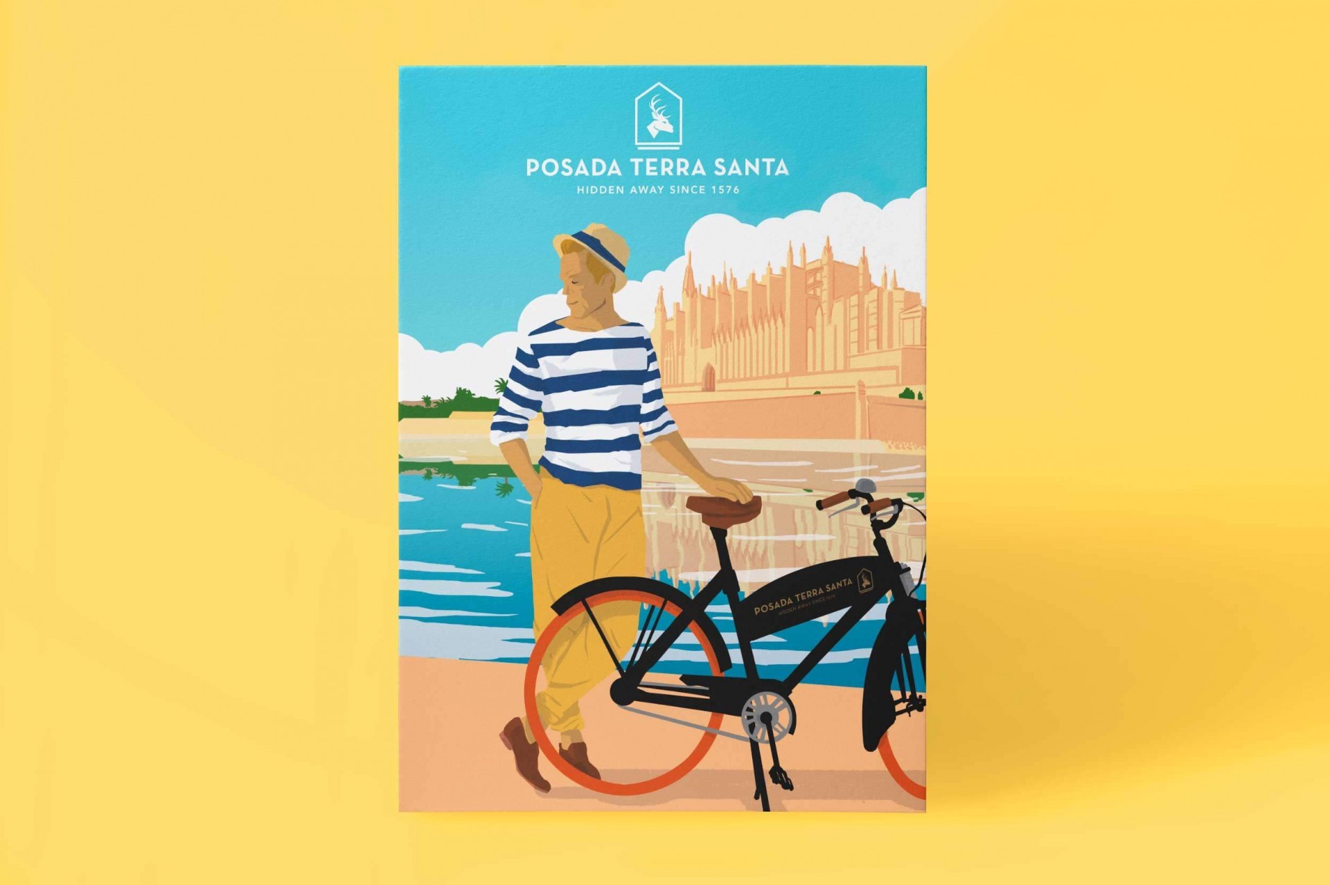 Ilustración de hombre con bicicleta junto al río, Posada Terra Santa, fondo amarillo.