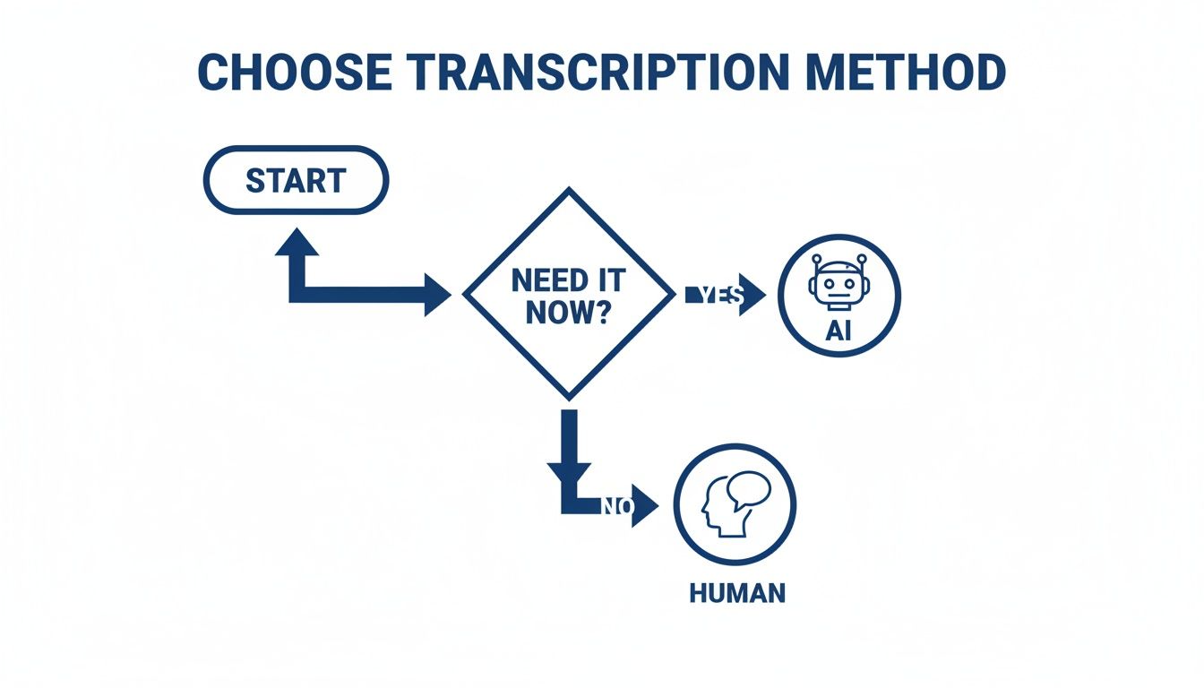 Flowchart showing how to choose between AI and human transcription: if you need it now, choose AI; otherwise, choose human.