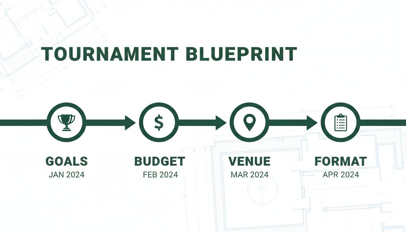 A tournament planning blueprint showing a timeline with goals, budget, venue, and format from January to April 2024.