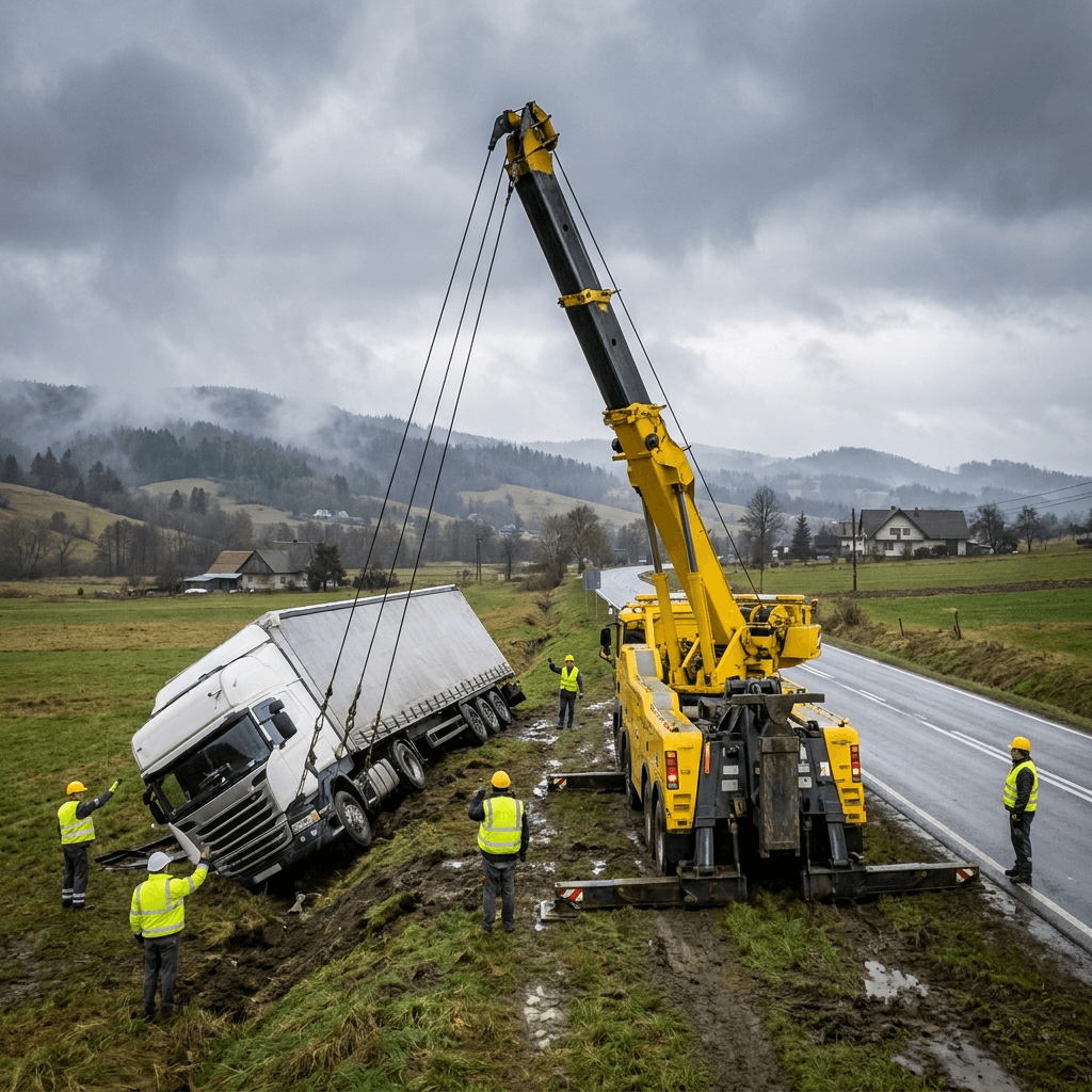 laweta Mago Car transportuje samochód osobowy po kolizji na drodze w Nowym Sączu